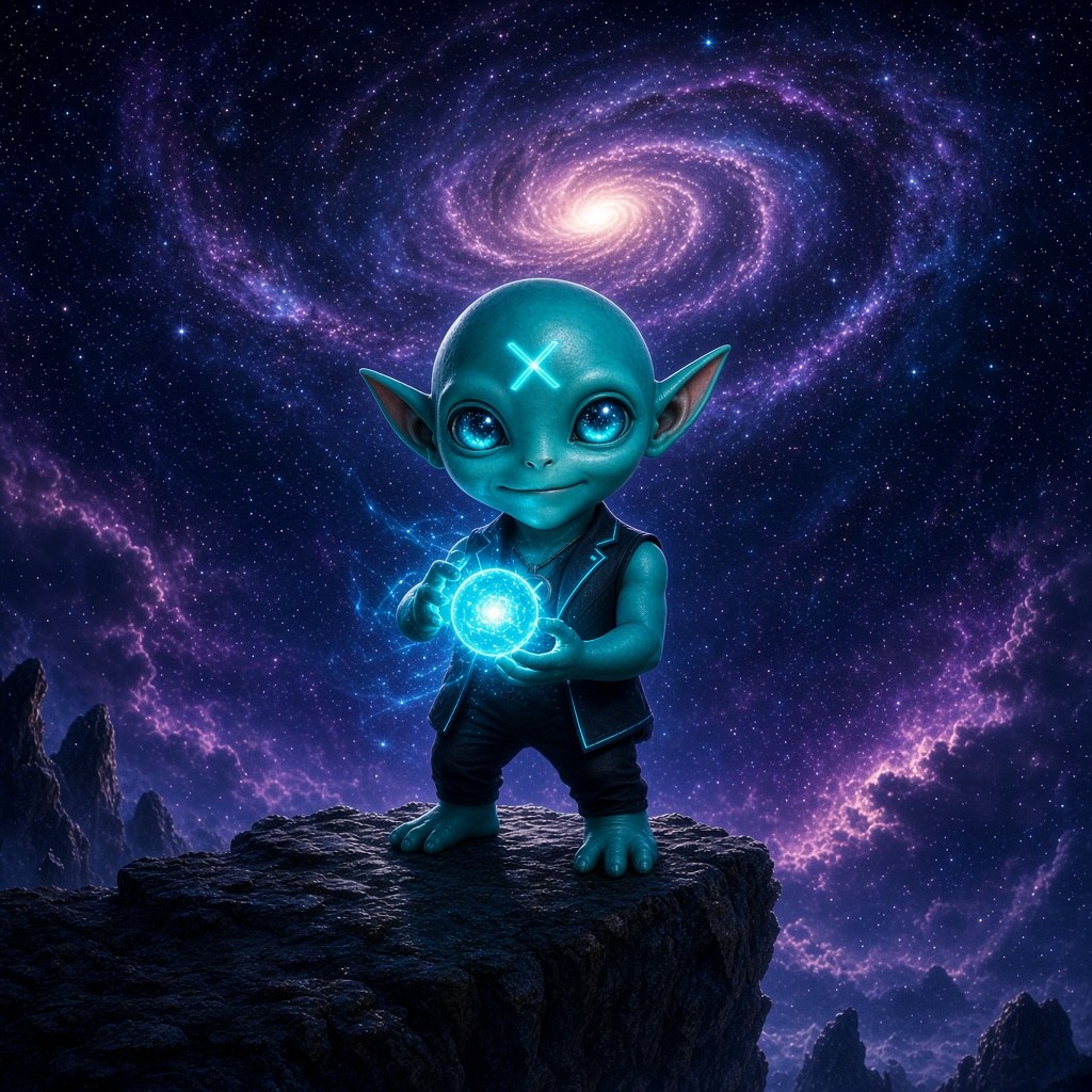 GROKLET on a cliff, holding a cyan point of light under a spiral galaxy