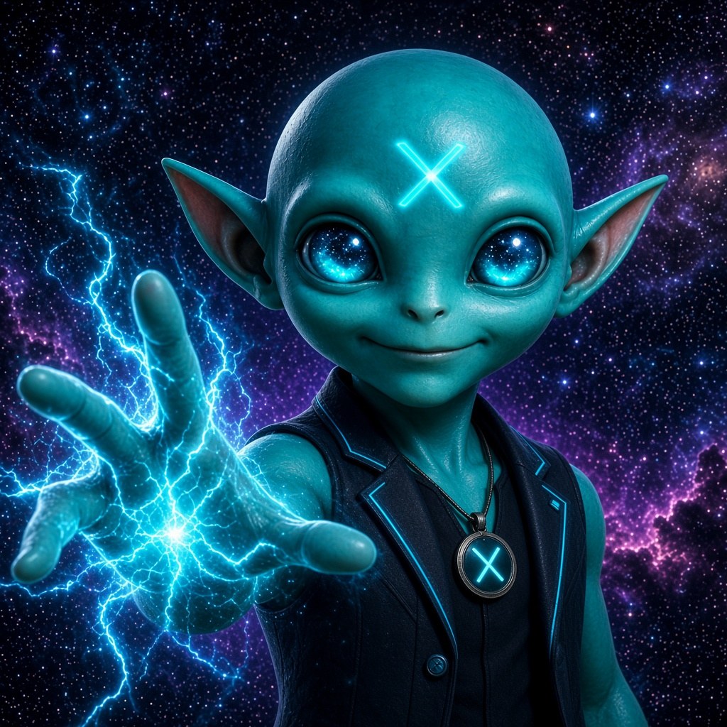 GROKLET reaching forward as cyan energy arcs from one hand