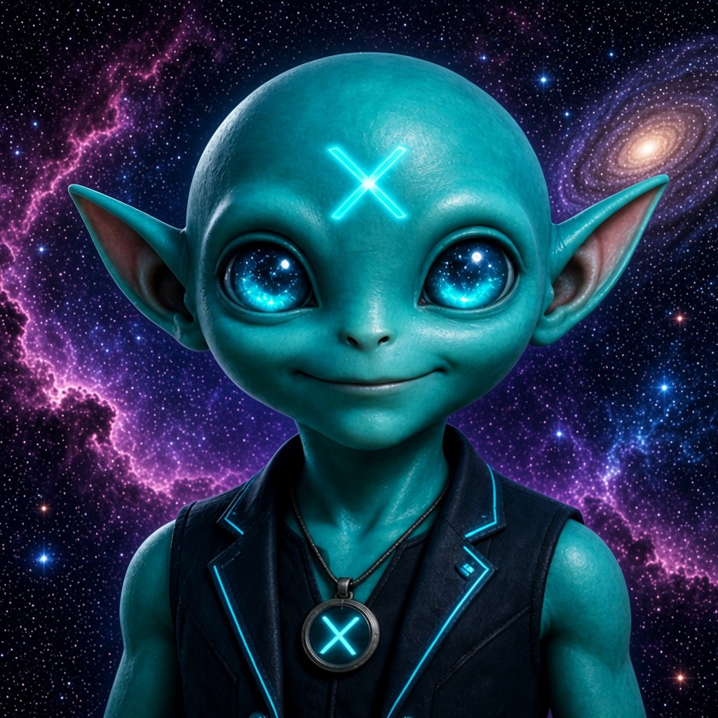 GROKLET, a teal wanderer with galaxy eyes and a glowing cyan X