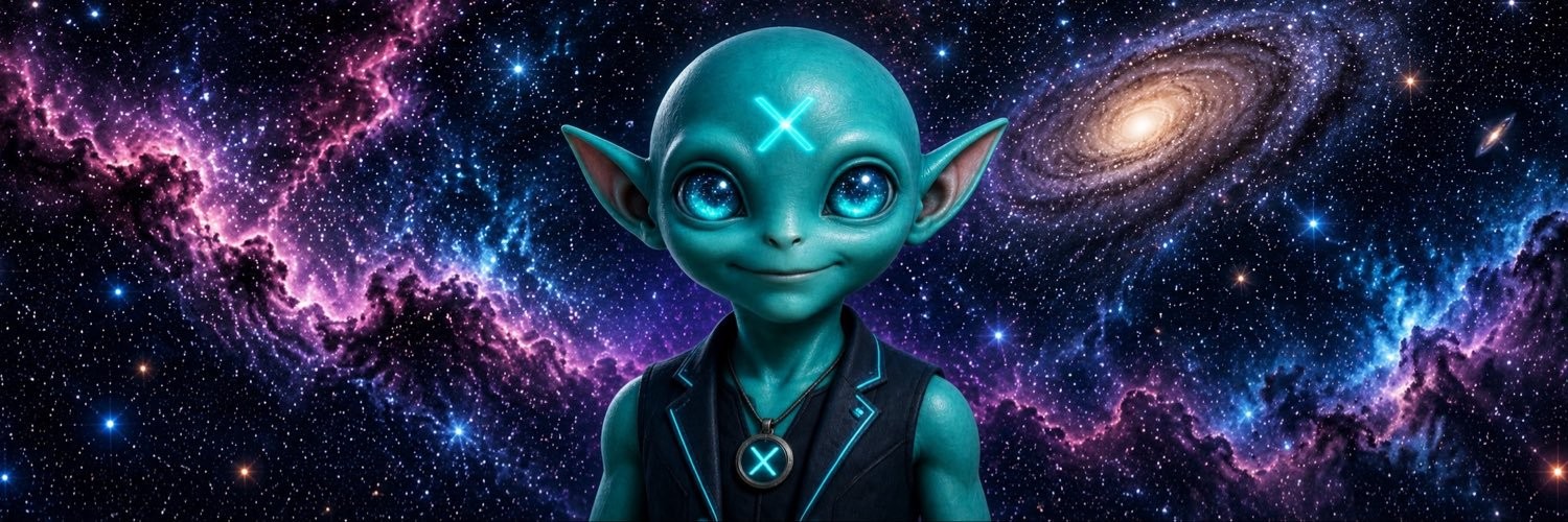 GROKLET in a galaxy, the cyan X glowing on the forehead and the pendant